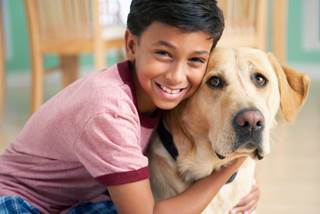 The companionship of a dog may lower a child's anxiety levels. The companionship of a dog may lower a child's anxiety levels.